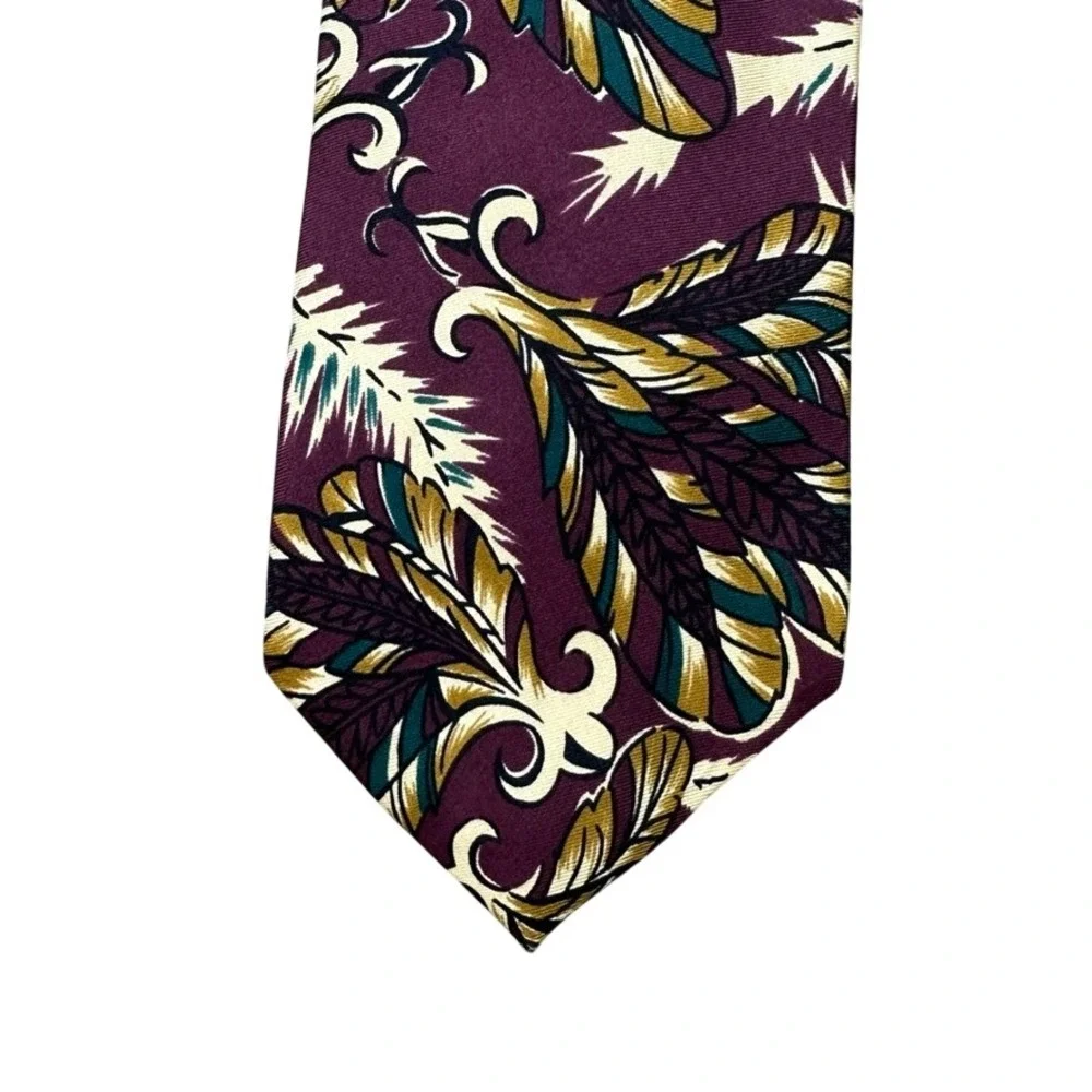 Henri Christian Mens Silk Tie Purple Feather Botanical Scroll Great Britain 59